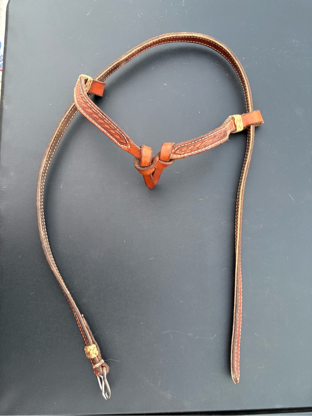 Western Leather Slip Ear Headstall Basketweave Tooled Rawhide Brown Horse Bridle